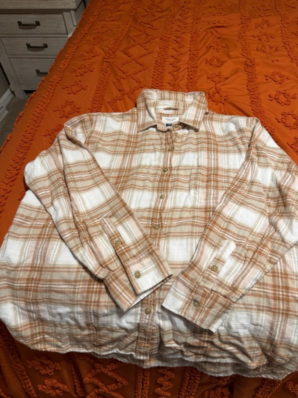 American Eagle Outfitters Cream and Tan Plaid Button-Down Shirt